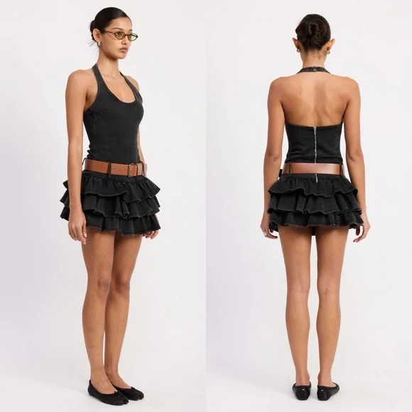 Rodeo Queen Belted Ruffled Dark Denim Mini Dress - Picture 3 of 5